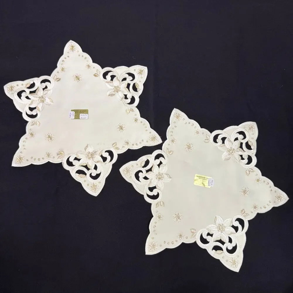 Set 2 German Embroidered Christmas Doilies Star Shaped Gold Thread 15” Table Mat